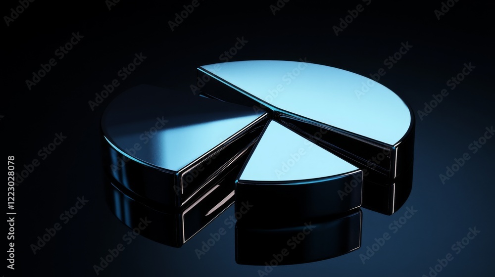 Aufkleber a minimalist pie chart with metallic segments in blue tones, on a reflective black background, with 
