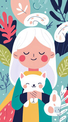 Obraz premium Girl with White Cat Amidst Floral Design: A Serene Illustration