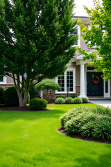 Obraz premium Luxury Home Exterior with Lush Landscaping and Greenery. Beautiful Lawn, Garden and Architectural Design. Real Estate Photography