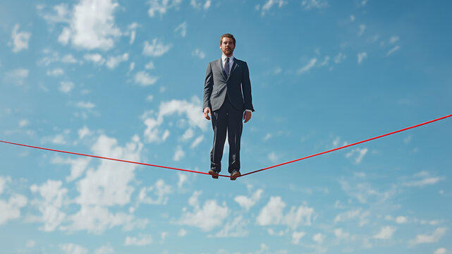 A man tightrope walker in a business suit stands on a rope against the sky.  Concept of stock exchange trading risks.