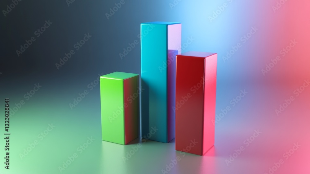Poster A multi-colored D bar chart on a gradient background, with bars in bright red, blue, and green, casting clear shadows for added dimension