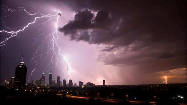 Thunderstorm with Striking Lightning Over a City, Capturing the Power and Drama of Nature.
