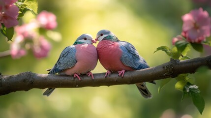 Fototapeta premium A picturesque image of a couple of doves gently preening each other on a tree branch, highlighting their affectionate behavior against a soft, blurred background