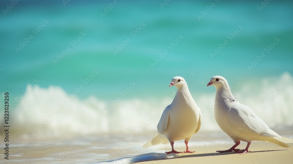 Aufkleber a picturesque view of two doves walking side by side on a sandy beach, with gentle waves lapping in 