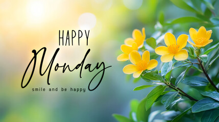 Bright Yellow Flowers with Inspirational Monday Message and Soft Green Background
