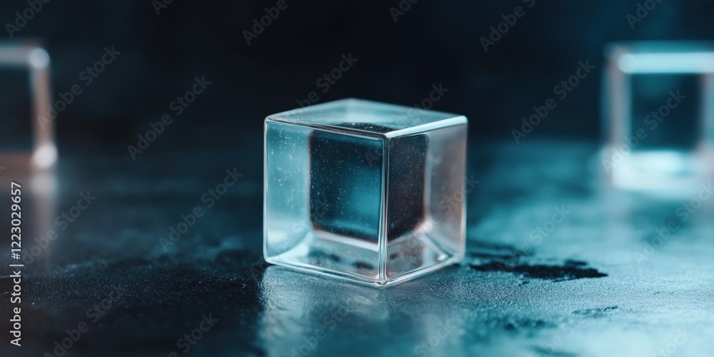 Aufkleber a cube made of ice is sitting on a dark surface. the cube is clear and has a reflective surface. the