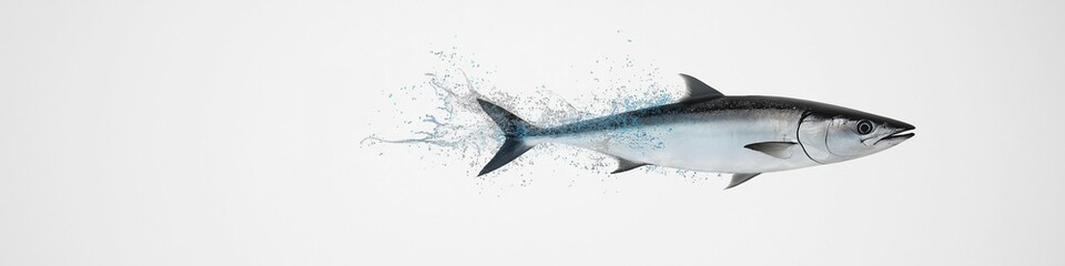 Obraz premium A fish is shown in a blurry image with blue and white colors. The fish is swimming in the water, and the background is white. The image has a dreamy and ethereal quality