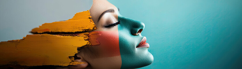 A creative portrait featuring a woman's face with vibrant paint, blending artistic elements with a serene expression against a soft background.
