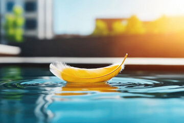 A vibrant yellow leaf floats on calm water, reflecting sunlight in a serene outdoor setting, evoking tranquility and beauty.