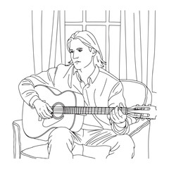 Man with Guitar Digital Artwork - Guitarist Silhouette Design - Man Holding Guitar Vector - Guitar Doodle - Guitar Illustration - Man Holding Guitar Line Art
