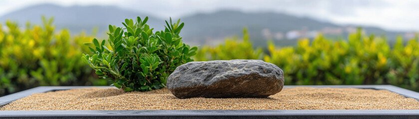 A serene zen garden featuring a single stone and greenery, emphasizing tranquility and natural beauty amidst a blurred background.
