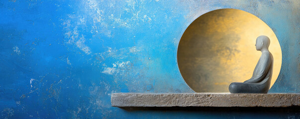 A serene sculpture of a seated figure against a vibrant blue wall and a golden circle, symbolizing tranquility and meditation.