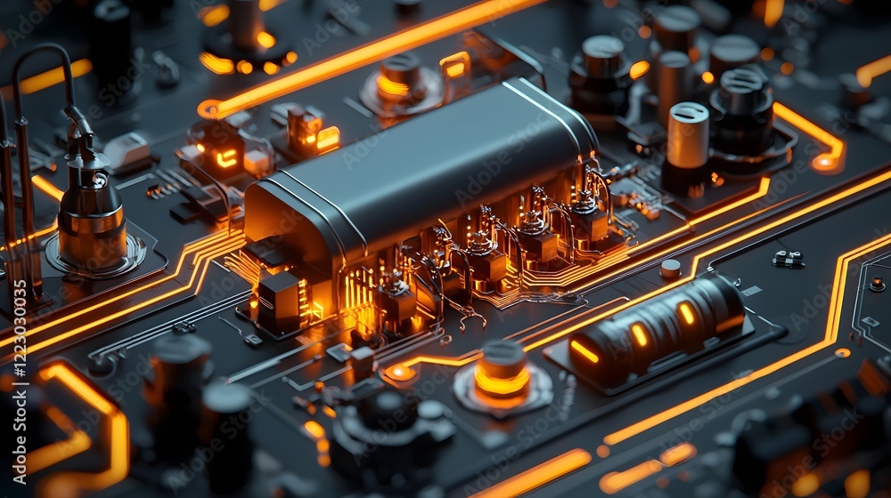 Poster innovative high tech luminous power management system devices 3d with glowing circuitry digital and 