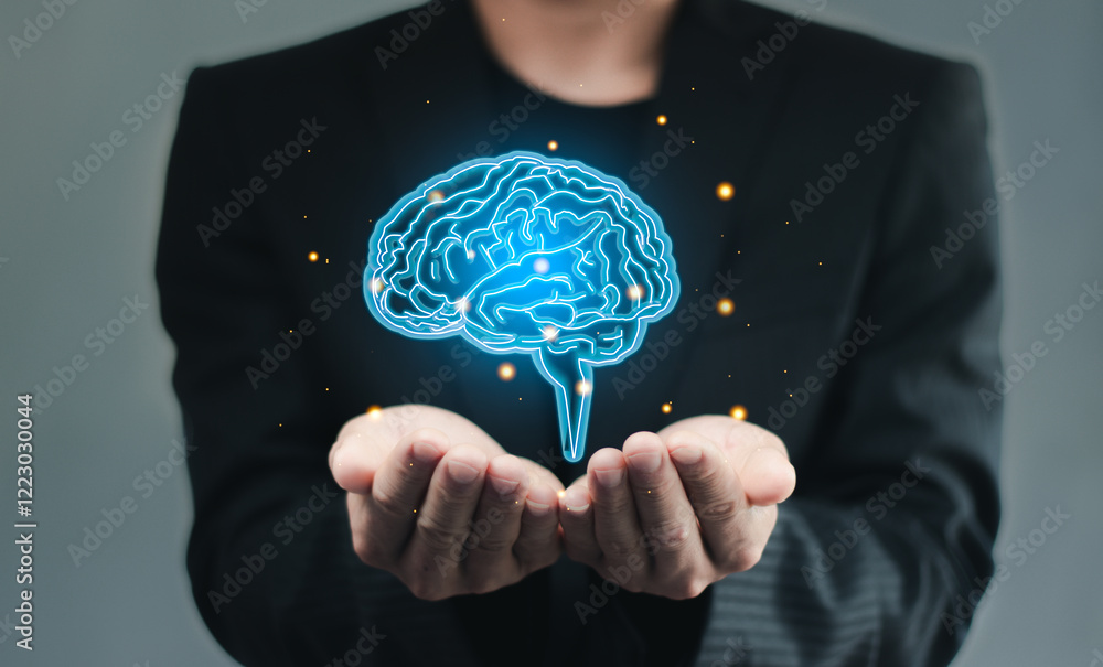 Poster brain inside the hands of the businessman. human head and brain.deep learning , machine learning and