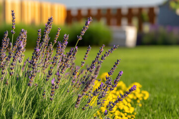 A close-up of blooming lavender alongside vibrant yellow flowers in a lush green garden, showcasing a serene outdoor scene.