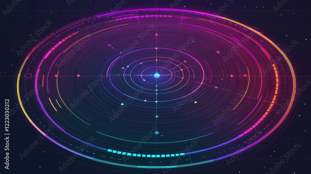 Aufkleber A radar chart in neon colors on a dark grid background, with lines and points showing data intersections, creating a modern tech feel