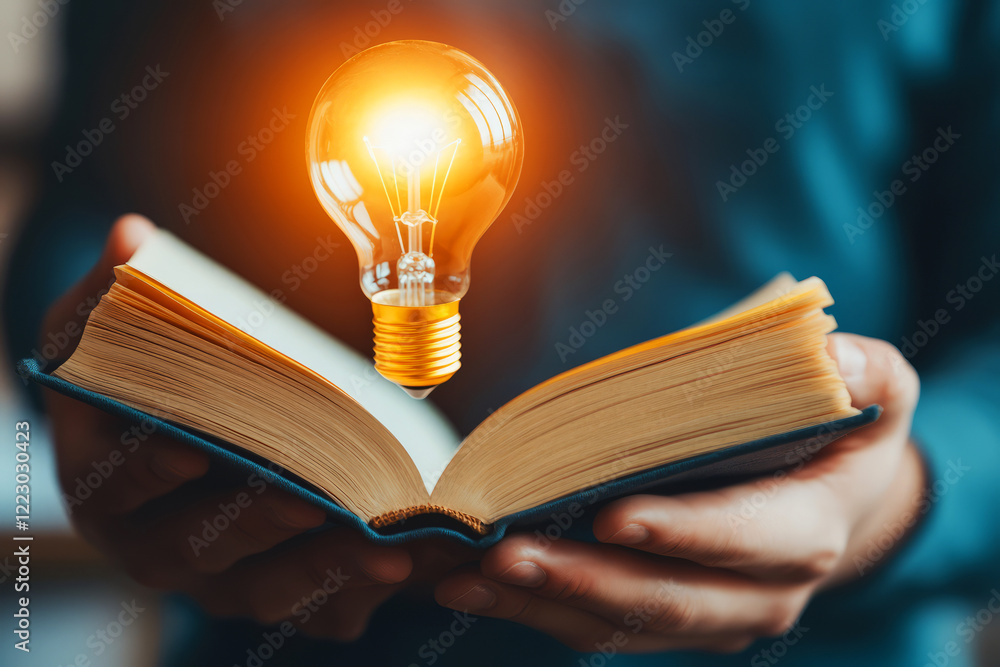 Poster open book with glowing light bulb symbolizing knowledge and creativity in learning process