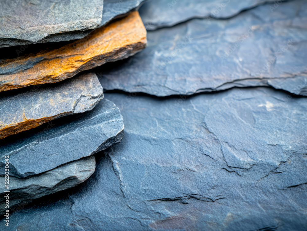 Poster close-up view of natural slate stone textures, layers and color variations on a surface