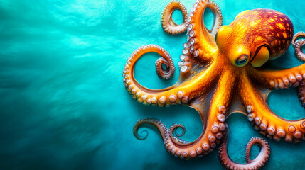 Obraz premium Vibrant Orange Octopus with Whorled Tentacles in Clear Aquatic Environment