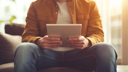 Professional analyzes market trends using digital tablet while sitting indoors in bright, comfortable setting