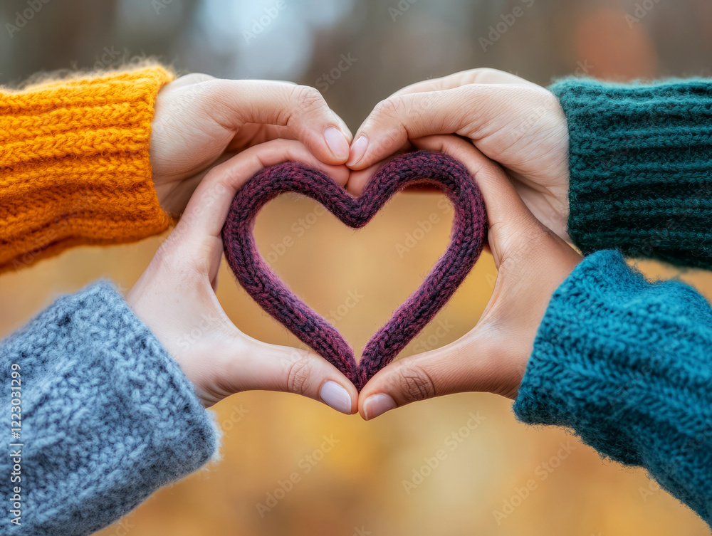 Poster Hands Forming Heart Shape with Colorful Knitted Sweaters in Autumn Park Setting