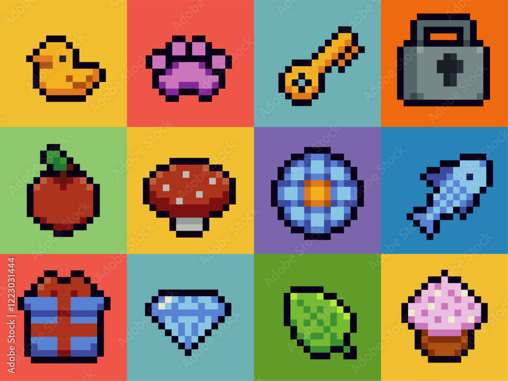 Poster pixel art icons set, flat, mobile apps icons. office stationery, internet technology. design applica