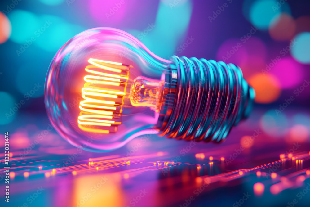 Poster colorful light bulb on circuit board with bokeh background enhancing modern technology concept