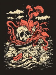 Eerie Skull Surrounded by Mystical Sea Creatures and Waves