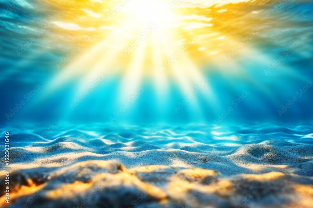 Poster sunlight radiating through clear ocean water beneath the surface creating ethereal patterns