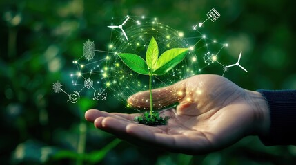 A close-up of a hand holding a small plant growing from a renewable energy symbol