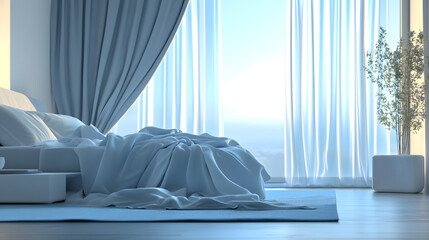 Bedroom facing window, light blue tones with calm sunlight.