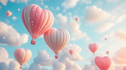 Obraz premium A dreamy 3D cartoon hot air balloon festival with couples flying in heart-shaped balloons. 