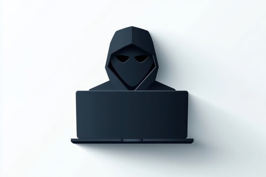 a hacker icon with laptop, cyber threat symbol, simple vector, gray tones, isolated on white background