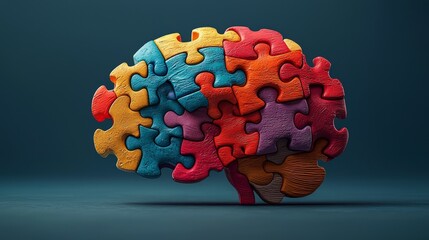 An engaging portrayal of a puzzle brain featuring a rich composition of colors that reflects the myriad thoughts, emotions, and creativity inherent in human cognition.