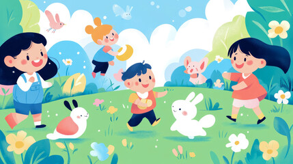 Obraz premium Children Playing Joyfully in a Sunny Meadow with Cute Animals