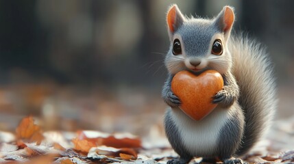 Obraz premium A cute 3D cartoon squirrel holding a giant acorn shaped like a heart.