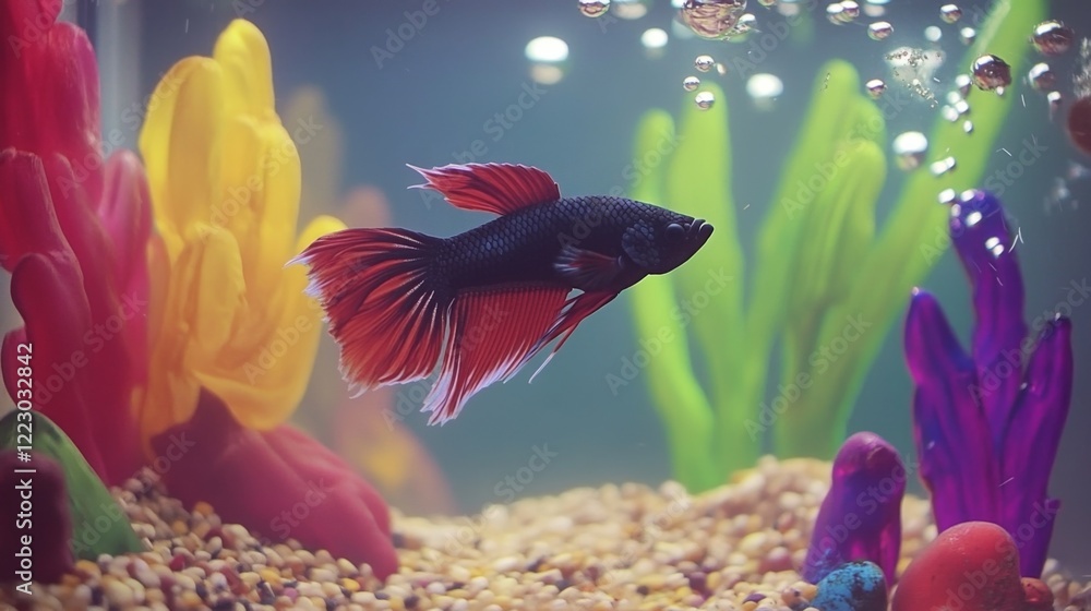 Poster a serene underwater scene featuring a betta fish exploring its habitat, with bubbles rising and colo