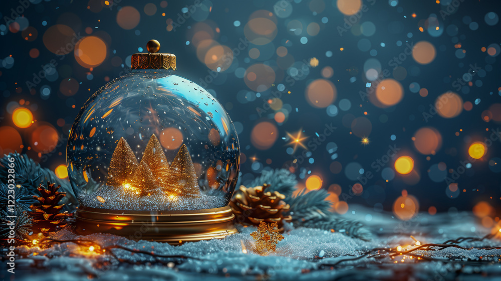 Poster glowing snow globe with festive trees and sparkling lights..