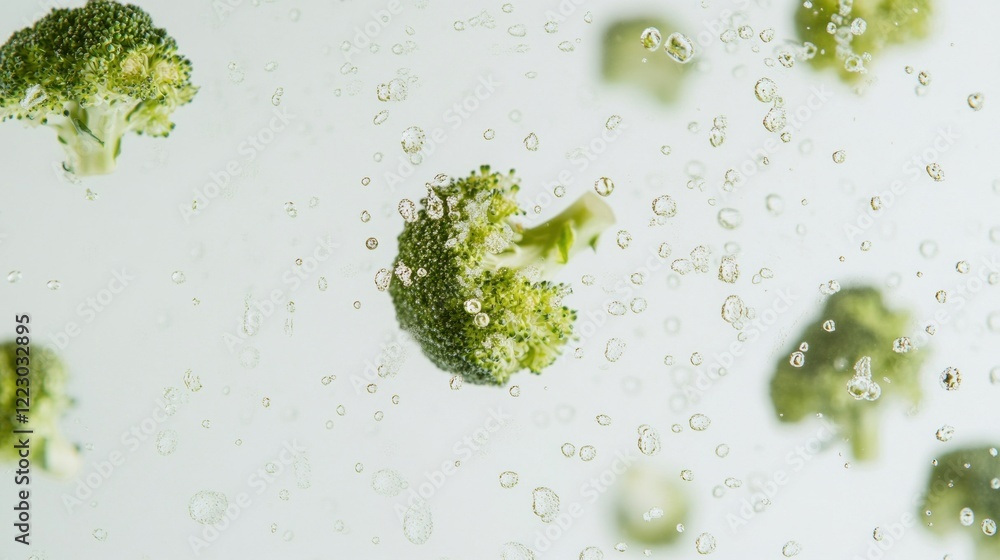 Poster broccoli florets floating in a clear liquid with bubbles creating a unique abstract composition
