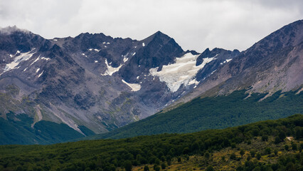 glacier view from the mountain range in Tierra del Fuego close to Ushuaia, Argentina, South America