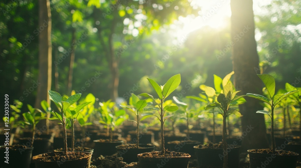 Poster a serene view of a nursery filled with various tree saplings, ready for planting, with sunlight stre