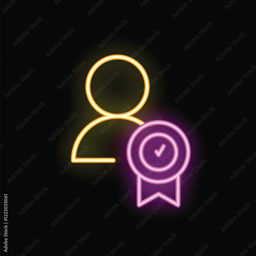 Poster neon glowing icon of a person receiving a guarantee badge with check mark, representing successful c