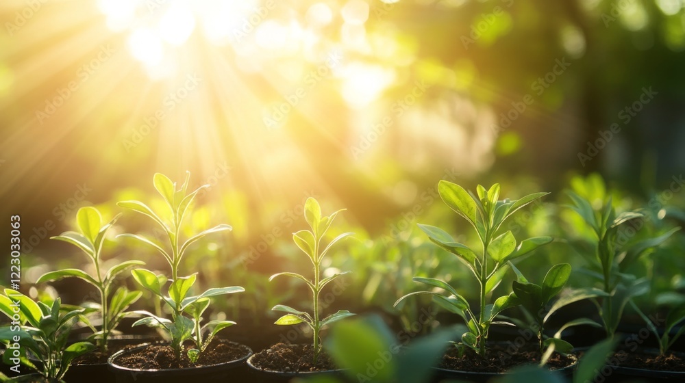 Poster a serene view of a nursery filled with various tree saplings, ready for planting, with sunlight stre