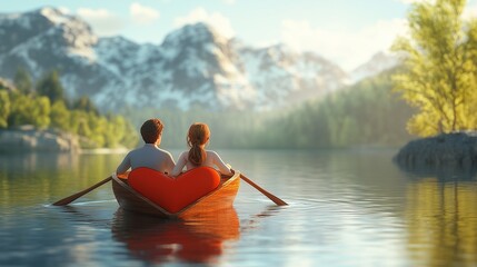 A romantic 3D cartoon couple rowing a heart-shaped boat on a peaceful lake. 