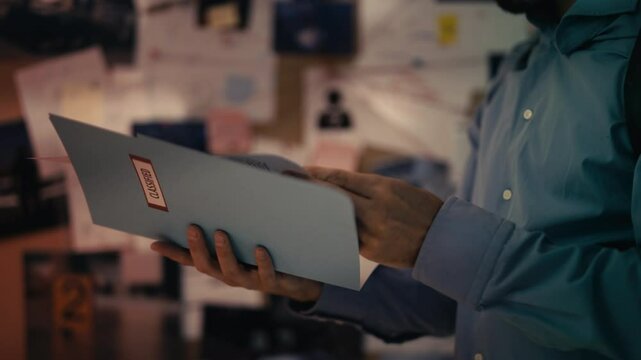 Detective examines a folder with classified documents, searching for the killer