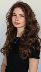 Fototapeta premium Young Woman with Curly Hair in Black Shirt and Natural Makeup