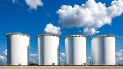 Massive industrial storage tanks in a row at a fuel refinery facility  Large white cylindrical silos for storing and distributing petroleum gas