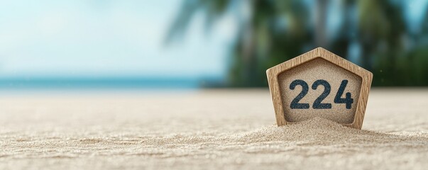Wooden Marker on Sandy Beach with Tropical Background