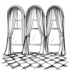 Three arched windows with flowing curtains and tiled floor