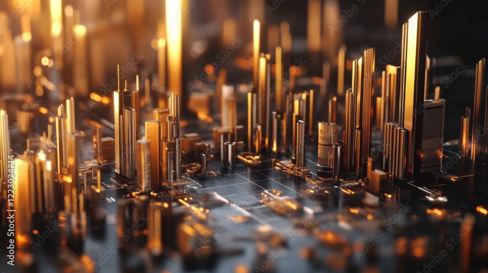 Poster A sleek candlestick chart in metallic colors showcasing stock market fluctuations, set against a dark background with soft lighting for an upscale feel
